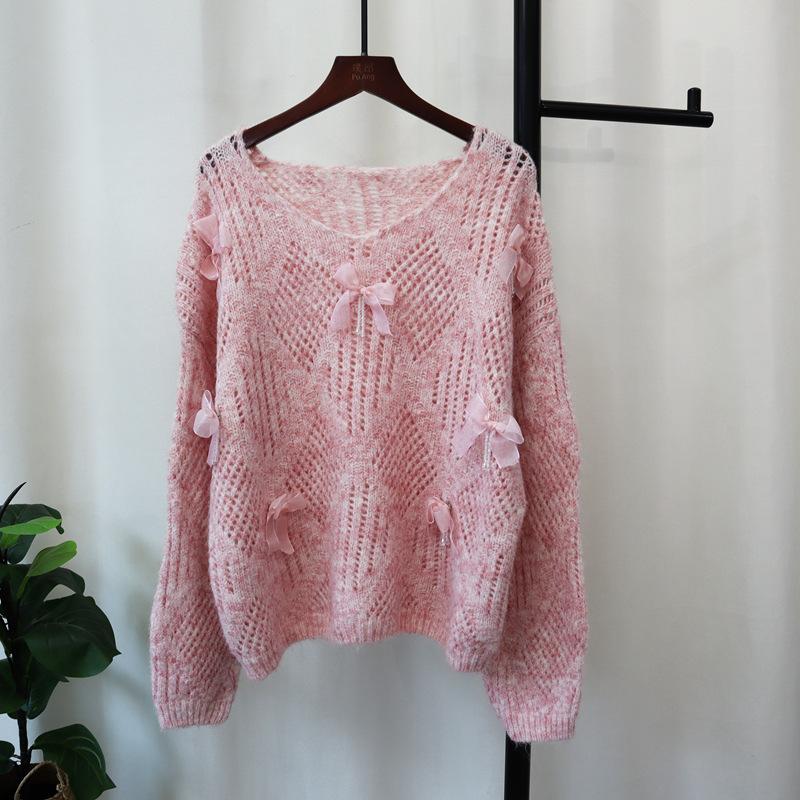 Hollow bow sweater pullover autumn and winter new loose design sweet knitted sweater top women