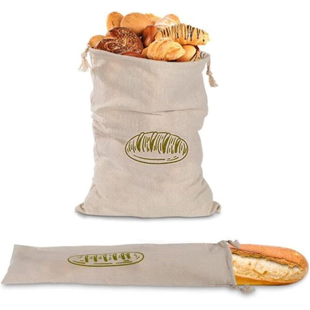 A reusable linen bread storage bag - an unbleached drawstring bag for the natural storage of homemade bread and pastries