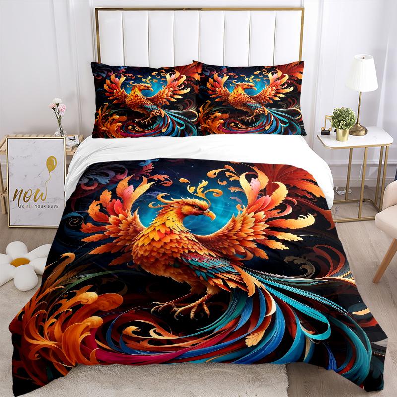 3pcs Flaming Phoenix Patterns Quilt Cover Set - Soft and Cozy Bedroom, Guest Room and Dorm Decorative Bedding 3-Piece Set 1 Quilt Cover + 2 Pillo