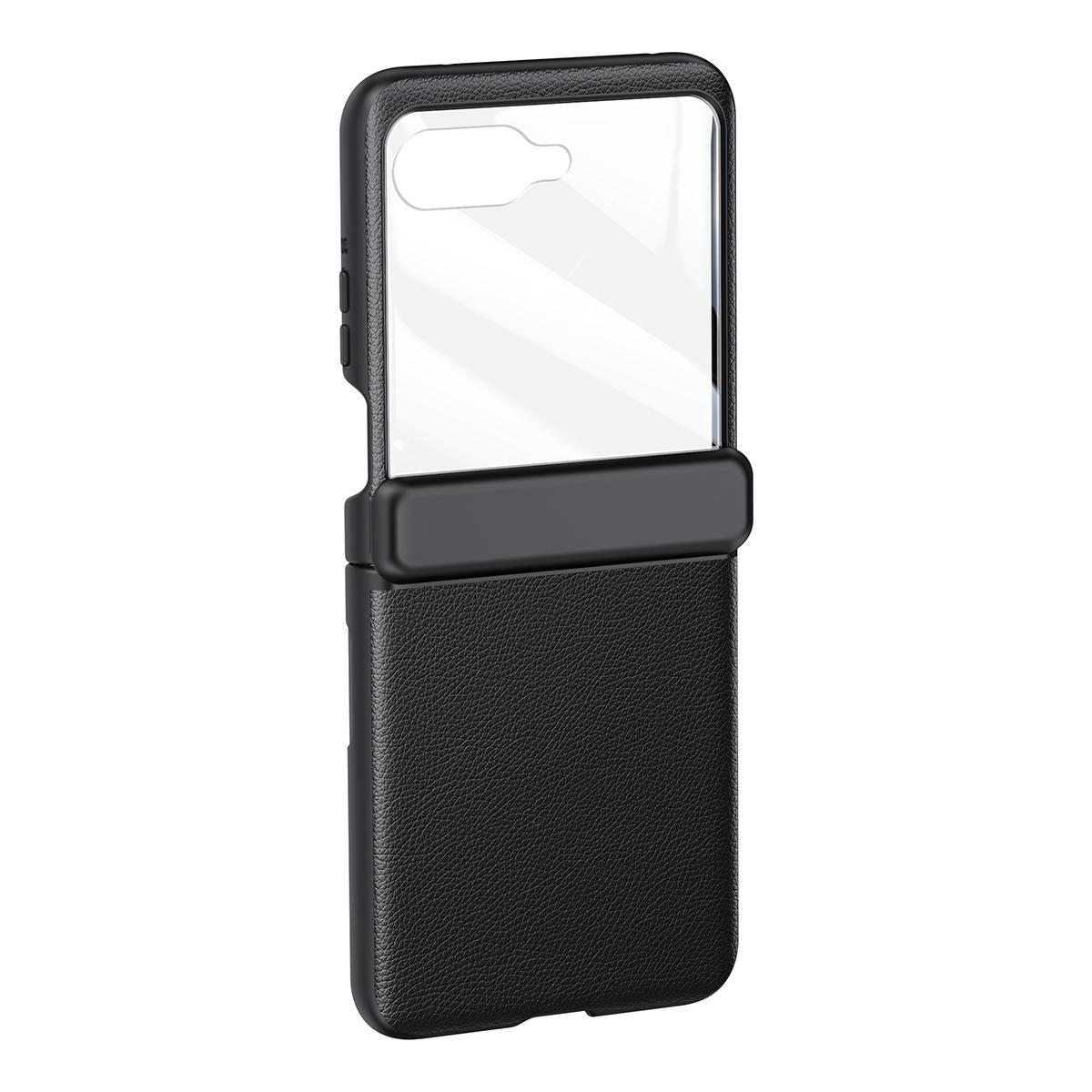 

For Motorola Razr 50 5G Case Hinge Protection PU Leather+PC Phone Cover with Rear Small Screen Protector Black