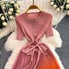 Pleated Diamond-Embellished Round-Neck Midi Dress for Women Summer Short Sleeve Lace-up Stunning Ombre Pleated Dress