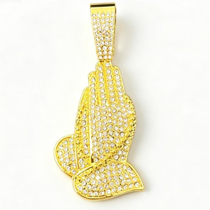 Hip Hop Alloy Full Diamond Prayer Hand Pendant Cuban Chain Trendy Brand Men S Diamond Necklace Accessories