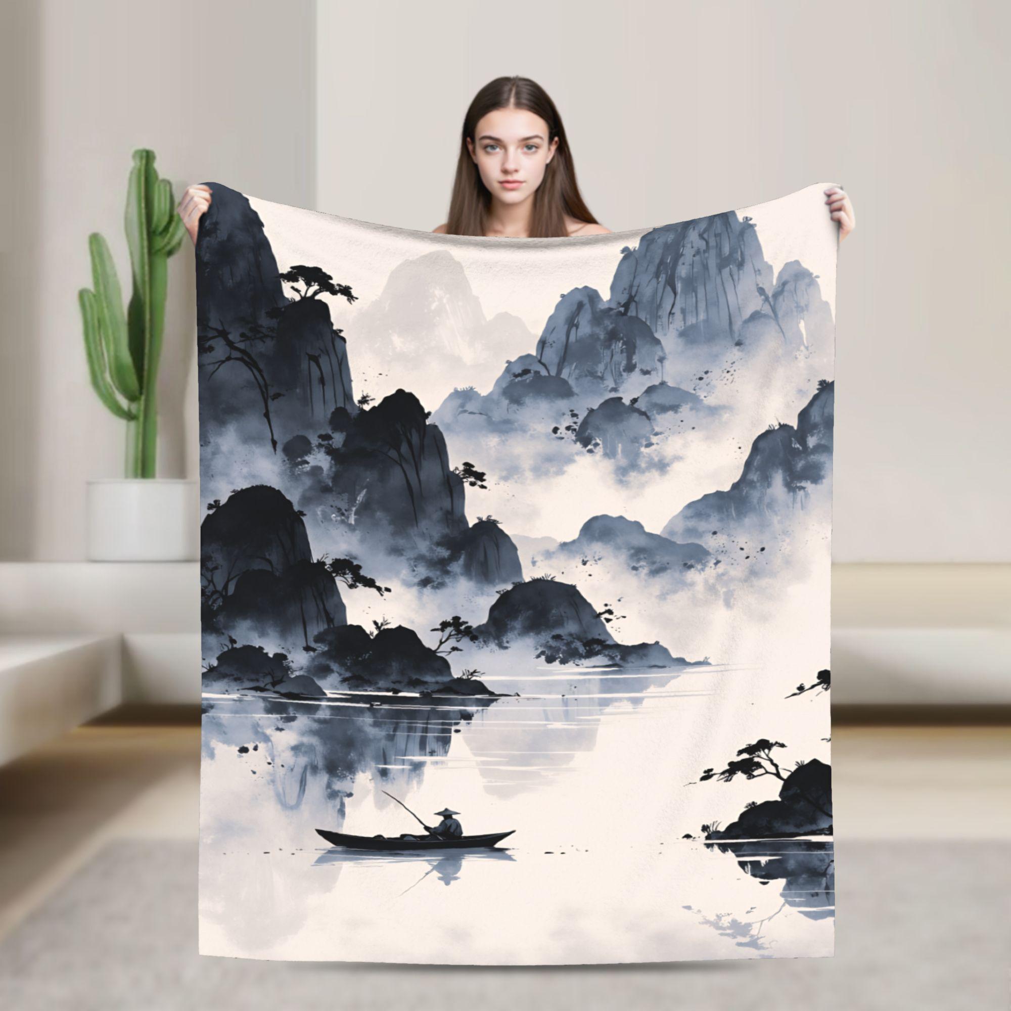 Chinese ink painting Throw Blanket Warm Cozy Casual Blanket For Outdoor Travel Office Flannel Bedspread Bed Cover 130x150cm