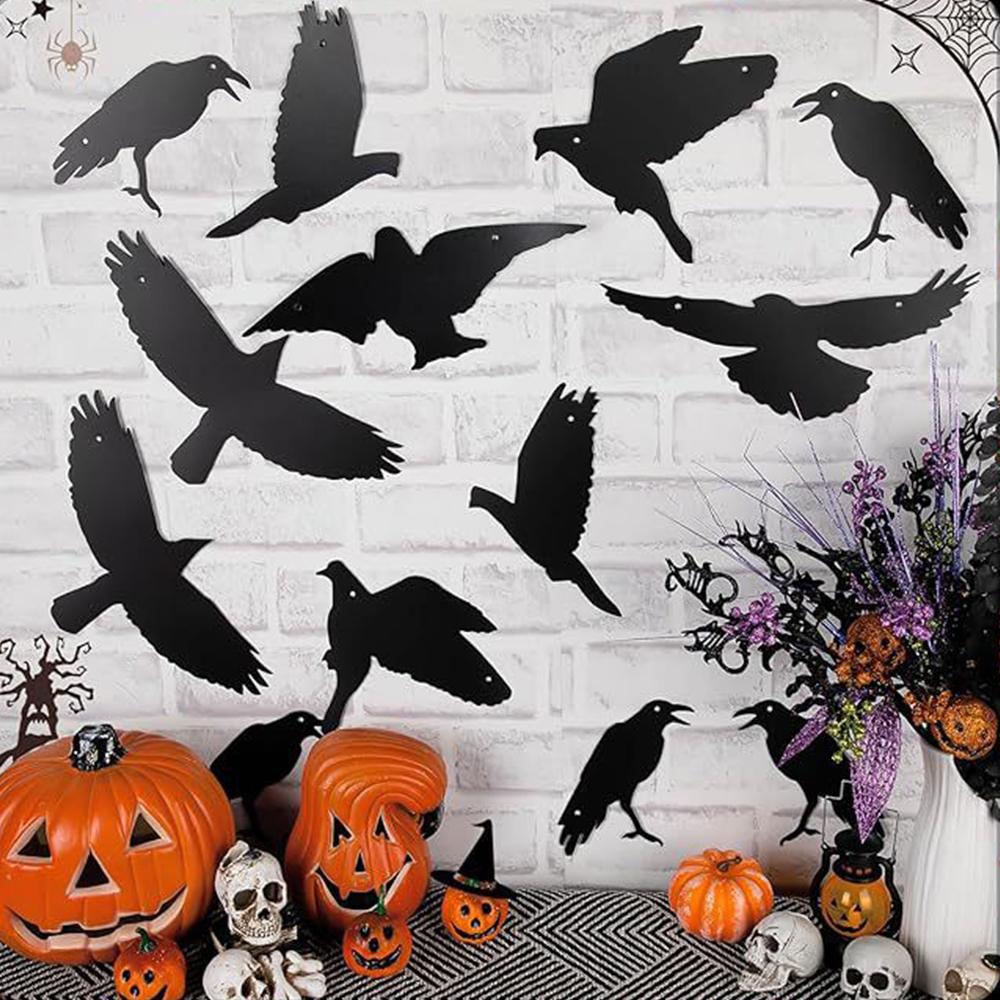 Runtowo 12 sztuk Halloweenowa Czarna Wrona Ozdoba Wisząca, Wiszący Wisiorek DIY, Domowa Dekoracja Halloweenowa Atmosfera Grozy