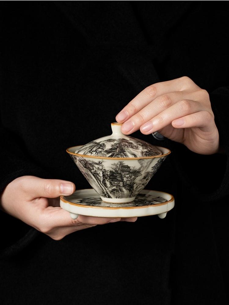 130ML Ru Kiln Landscape Porcelain Gaiwan Set For Tea Tureen Teaware Cup Chinese Yellow Ceramic Opening Tea Bowls Tea Ceremony