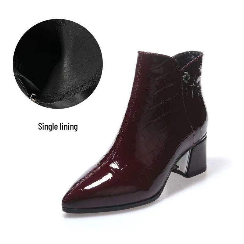 

Women s Shiny Patent Leather Pointed Toe Chunky Heel Ankle Boots with Mid Heel - Autumn 2025 Fashion Size 39