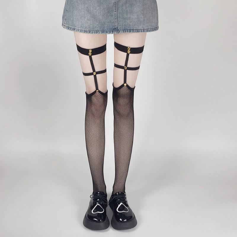 Ladies' Black Rivet Fishing Net Knee High Socks Hollow Socks Long Black Silk Suspender Sexy Silk Mesh Stockings
