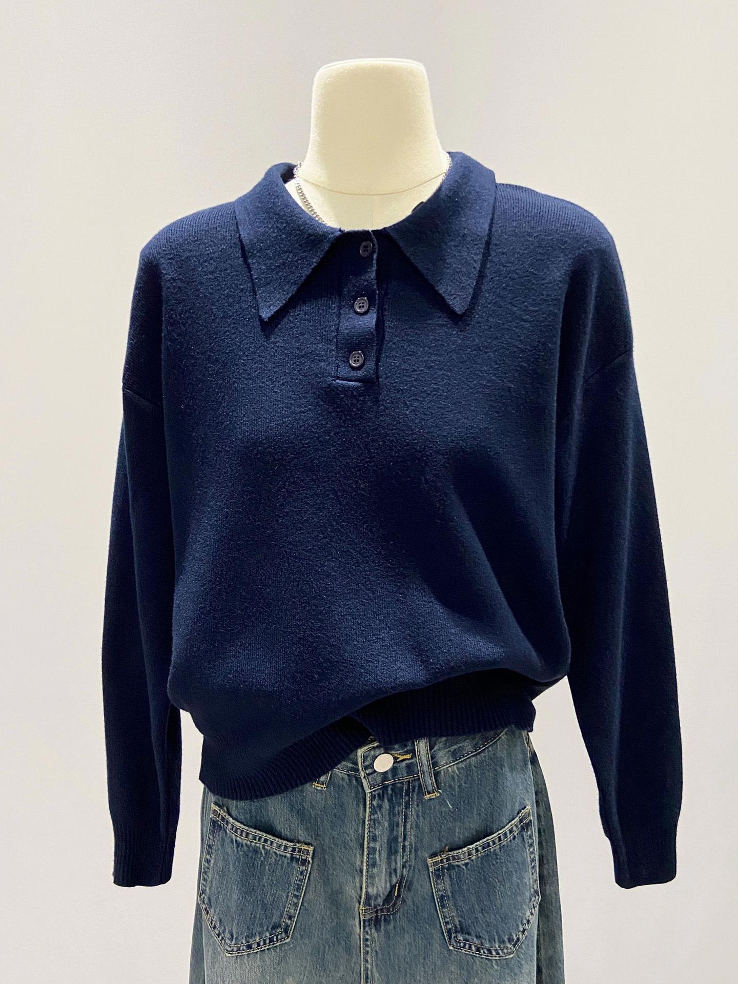 

Japanese polo lapel knitted sweater women s autumn and winter casual simple inner long-sleeved front shoulder versatile bottoming shirt top L темно-синього кольору