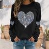 Women Tops Round Neck Long Sleeve Tee Shirt Shiny Sequins Heart Print Sweatshirt Spring Autumn Daily Wear
