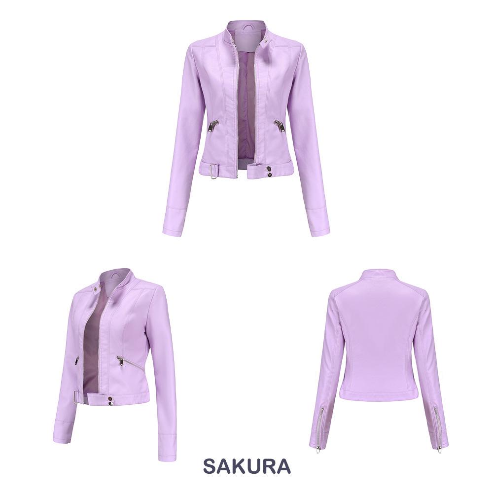 Damen Kurze Lederjacke - Frühling/Herbst Stehkragen