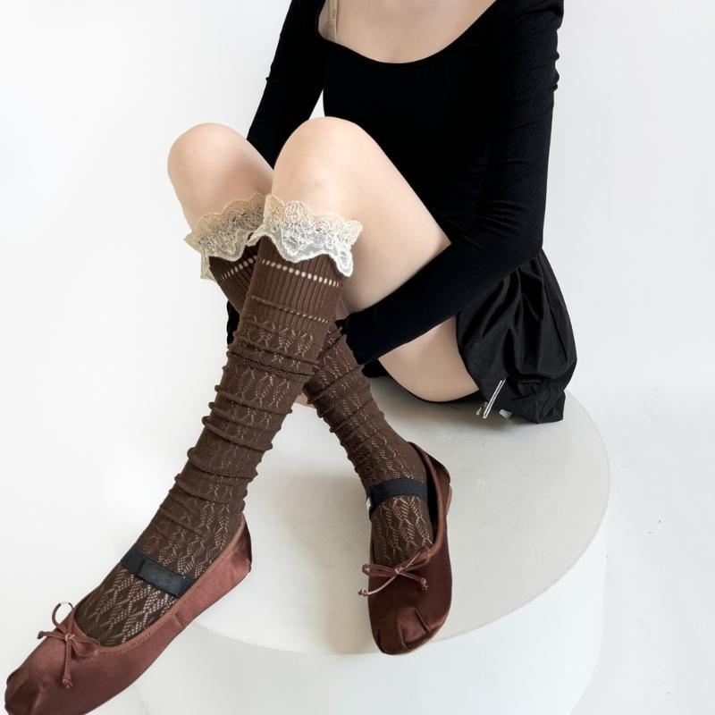 Women Nylon Stretch Thigh High Stockings With Lace Trim and Mesh Detailing Hollowout Over the Knee Socks for Daily Use