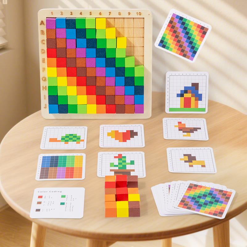 Wooden preschool color cube building block math teaching aids, three-dimensional geometric shape early education counting educational toys