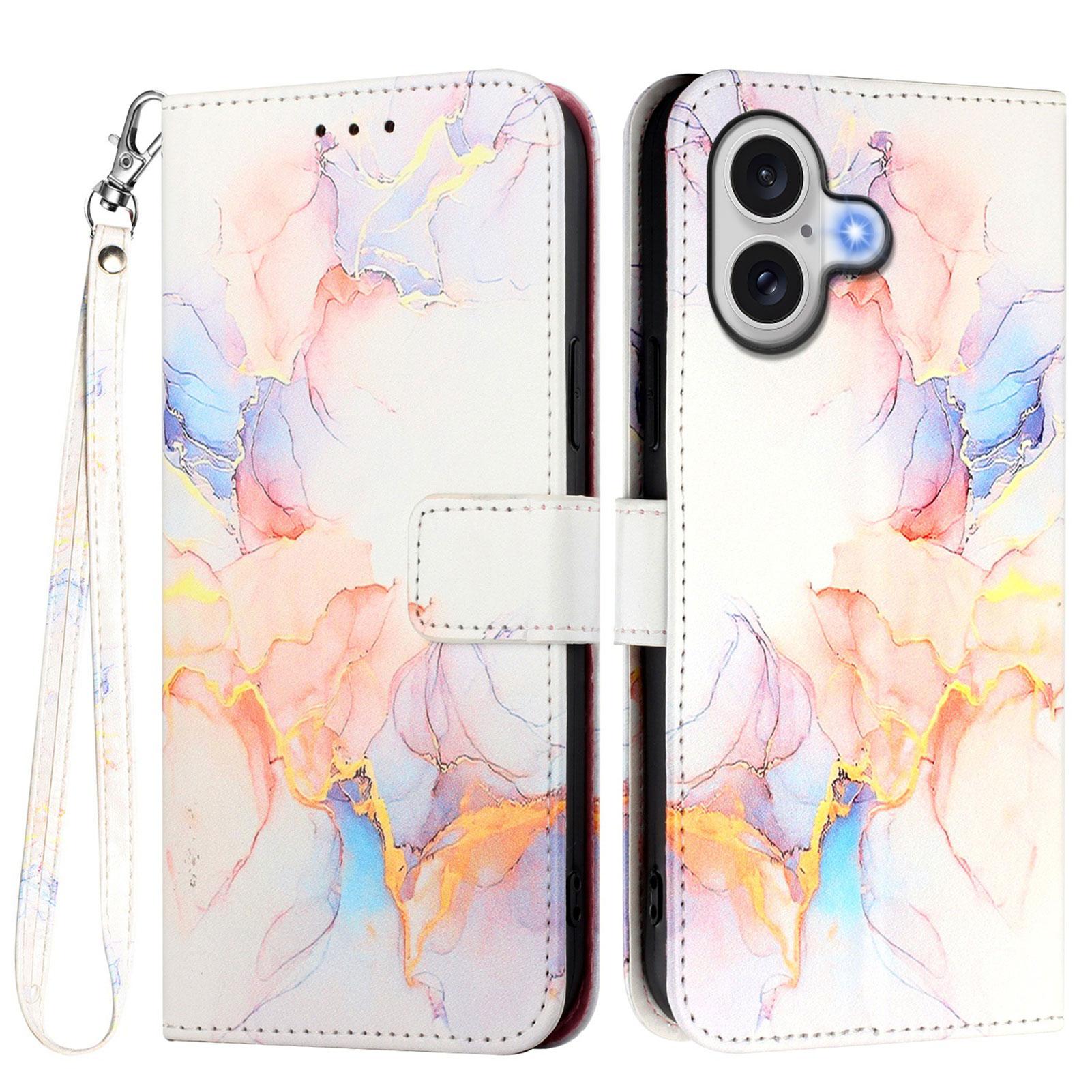 

For iPhone 17 Case with Strap Marble Pattern Leather Phone Cover Card Holder C