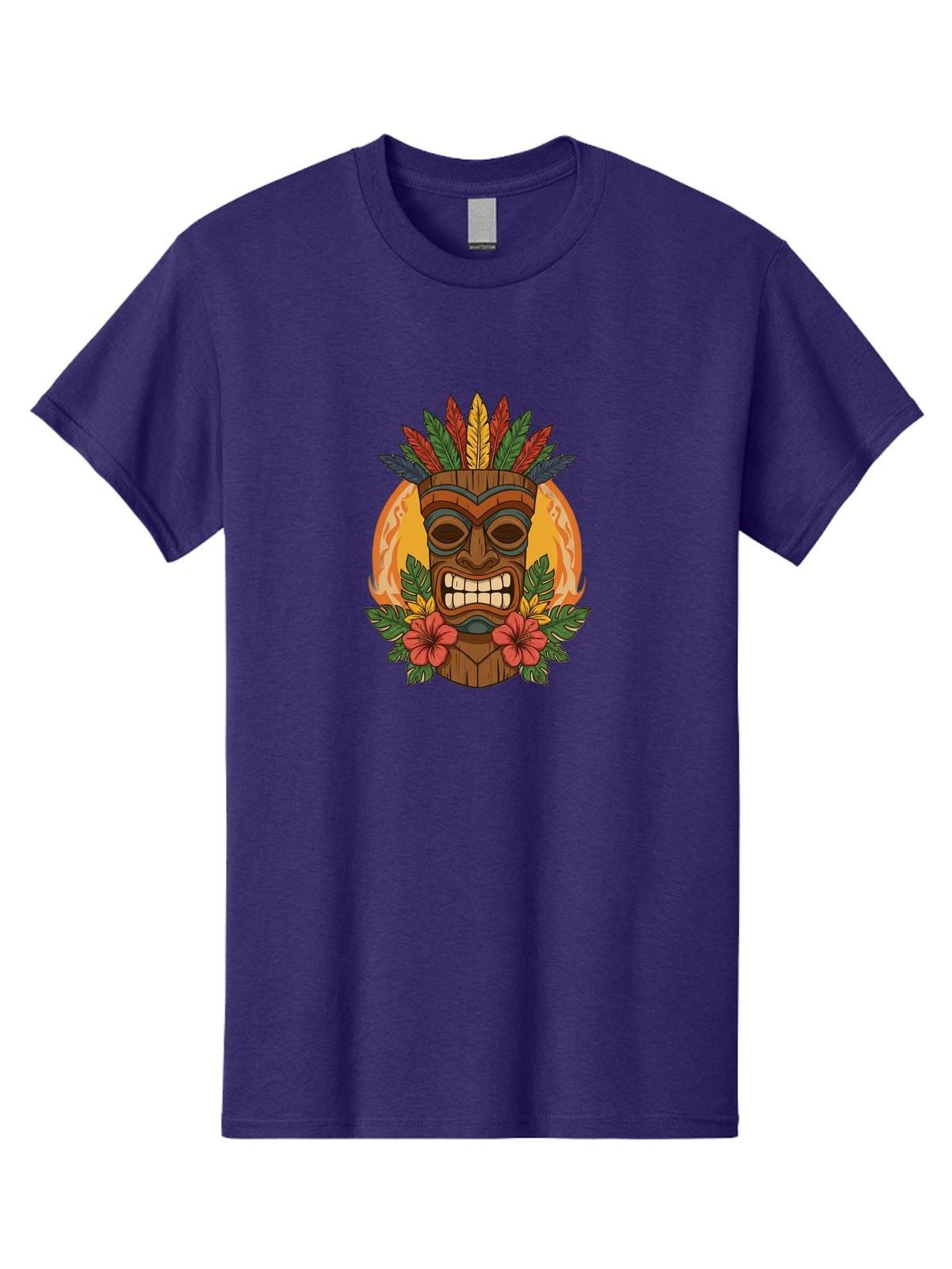 Tiki-Mask-With-Tropical-Flowers Mens Graphic Tee,100% Cotton, Casual Summer Wear S разноцветный
