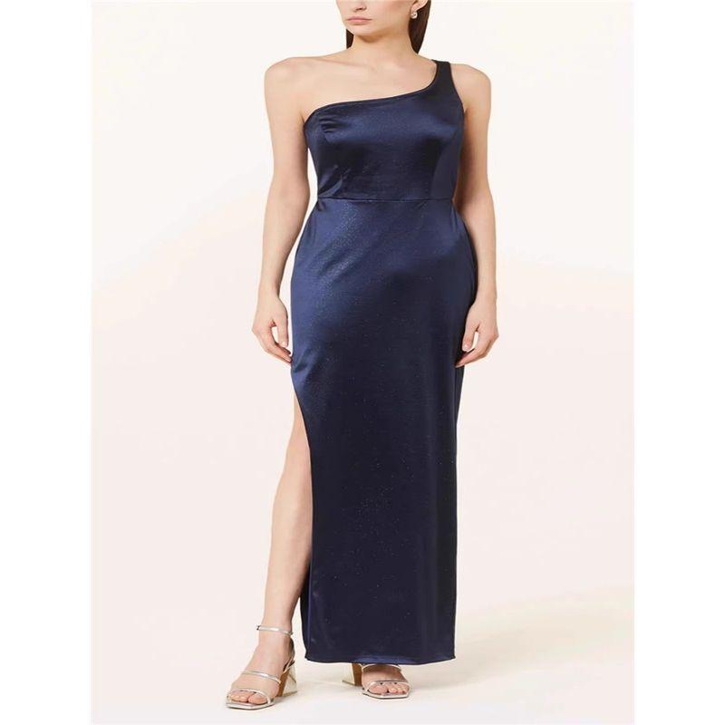 

Export Single VM Home High Quality Silver Shiny Single-Shoulder Sloping Shoulder Midriff Outfit Dress Sexy Slit Cheongsam Evening Dress Dark Blue X L(42)
