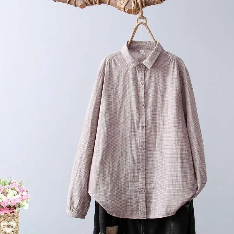 Women Autumn Winter Gray Checkered Cotton Linen Shirt Loose Long Sleeve