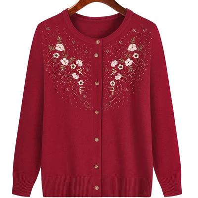 Middle-aged Elderly Cardigan Sweater Knitted Autumn Winter Printed Diamond Inlaid Casual Grandma Versatile Top Coat