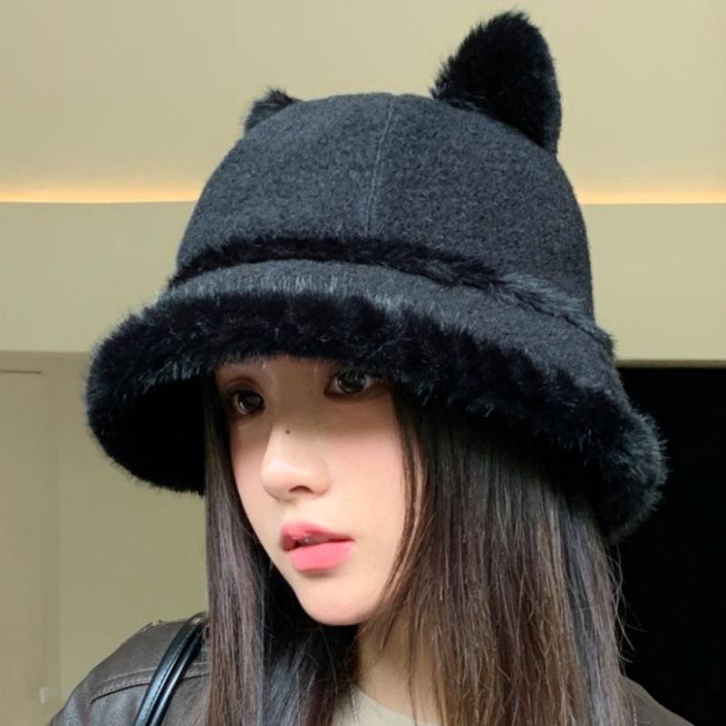 Autumn and Winter Hat Women's High-end Bucket Hat Versatile Plush Basin Hat Cat Ears Cute Warm Plush Hat