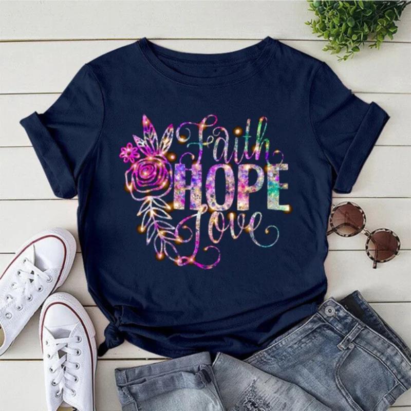 FAITH HOPE LOVE Purple Flower Print Women T Shirt Short Sleeve O Neck Loose Women Tshirt Ladies Tee Shirt Tops Camisetas Mujer