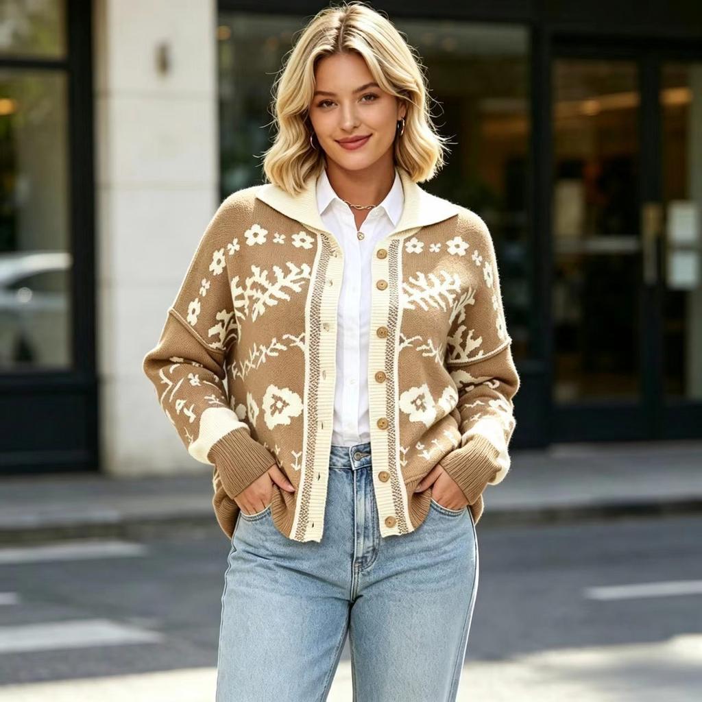 Women's Knit Cardigan with Lapel, Single-Breasted, Long Sleeve, Loose Fit, Casual Winter Coat