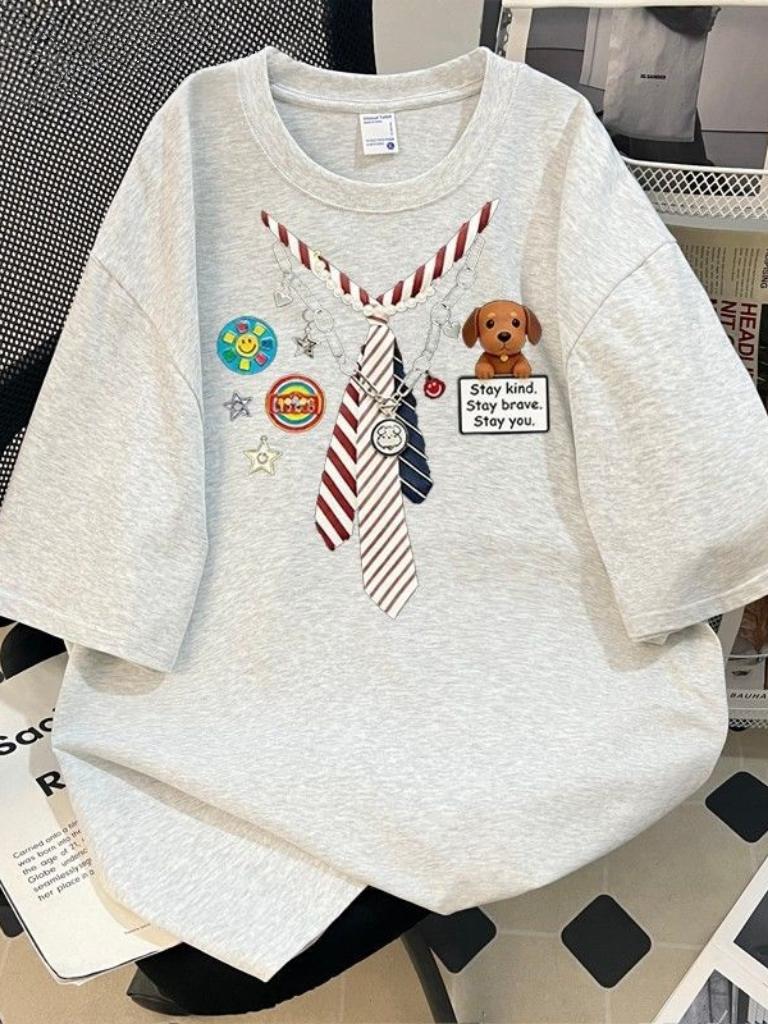 American Dog Tie Pure Cotton ShortSleeved TShirt Unisex And Unisex Summer Loose All Match Show Thin And Small Lovers Top