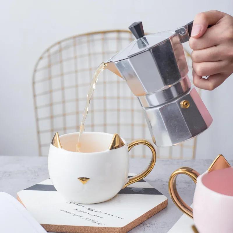 Czarno-biały kubek w kształcie kota, pozłacany, 3D, kocie uszy, ceramiczny kubek do kawy, śniadanie, mleko, kubek dla pary, prezent na walentynki, kubek na wodę