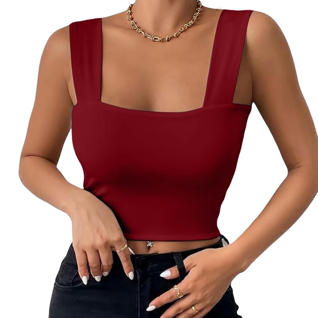 Basic Crop Tops for Women Square Collar Low Back Sleeveless Short Tank Top Solid Color Stretchy Bodycon Sexy Backless T Shirt