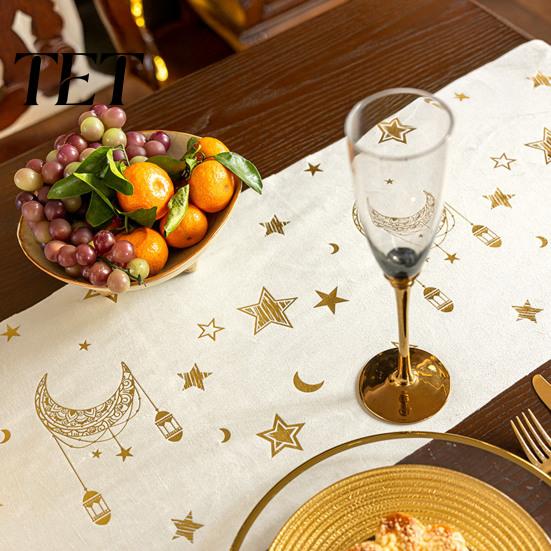 Elegant Velvet Table Runner Eid Mubarak Runner, Ramadan Gold Moon Stars Tablecloth, Islamic Happy Luxury Dining Linen Holiday Rectangular Cloth