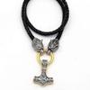 Stainless Steel Viking Wolf Head Doubles Color Thor S Hammer Pendant Leather Chain Men S Necklace Jewelry-50cm-style2 Gold