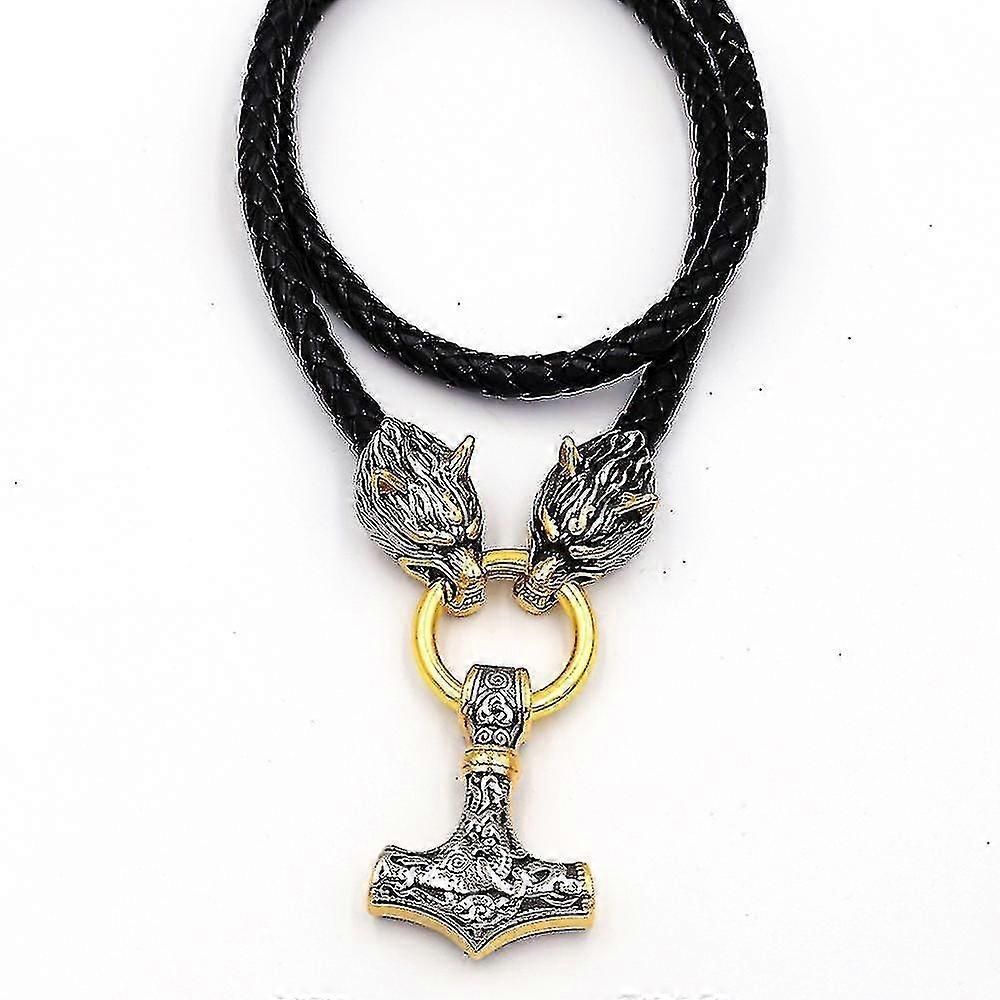 Stainless Steel Viking Wolf Head Doubles Color Thor S Hammer Pendant Leather Chain Men S Necklace Jewelry-50cm-style2 Gold