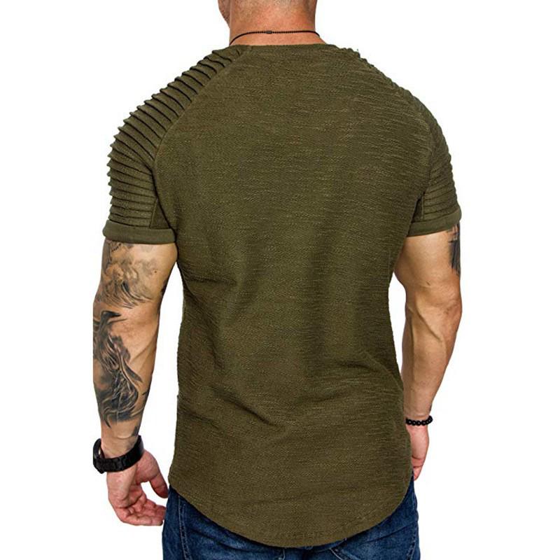 European & American Men's Slim Fit Crew Neck Pleated T-Shirt - Solid Color, Casual Short Sleeve
