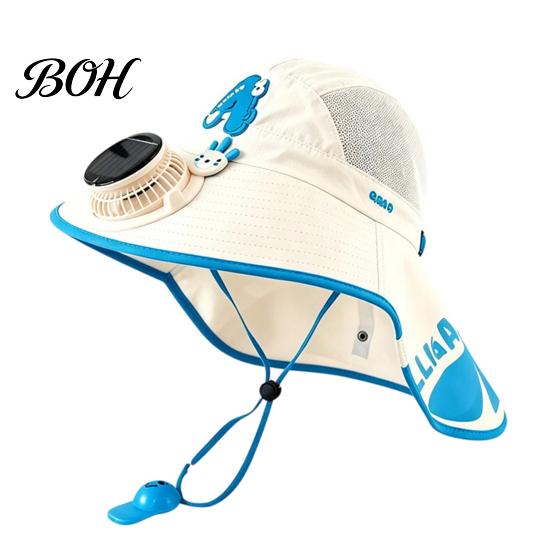 Baby Sun Hat With Fan Kids Cap with Built-in Solar Fan, Wide Brim Protection Cooling Hat, Breathable Mesh Fabric Summer Cartoon Pattern, Shawl Design