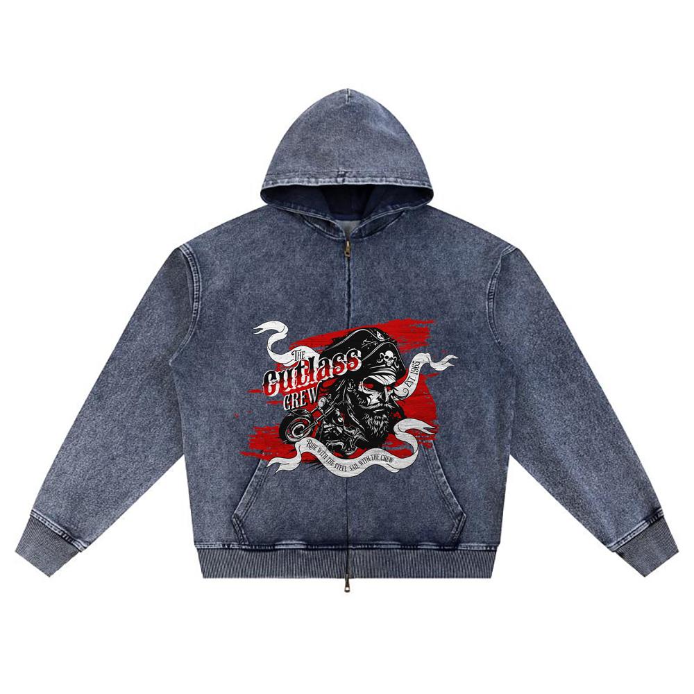 DTG Print Knitted Denim Zip-Up Hoodie Streetwear Motorcycle Brother Print Zipper Hoodies  