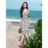 Jiuzi Anna Kou French Holiday Plant Printed Saro Wrinkled Waist Dress