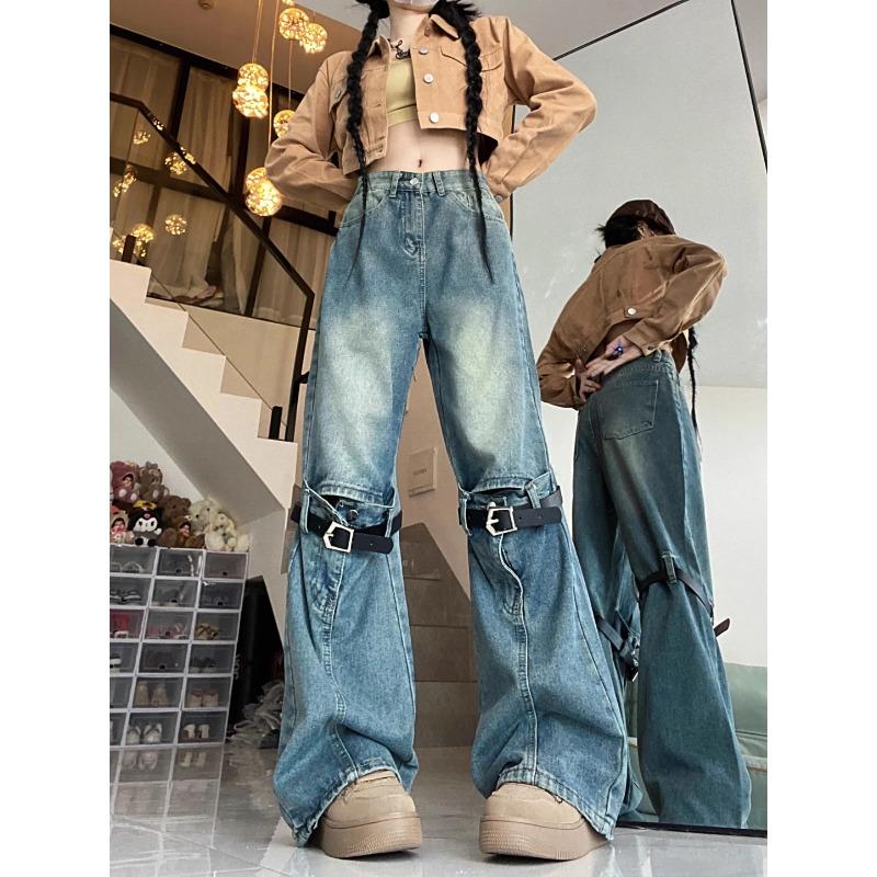 Dámské džínové kalhoty džínové kalhoty s vykrojeným úvazkem na noze vysoký pas y2k kalhoty harajuku streetwear punk gothic grunge estetický