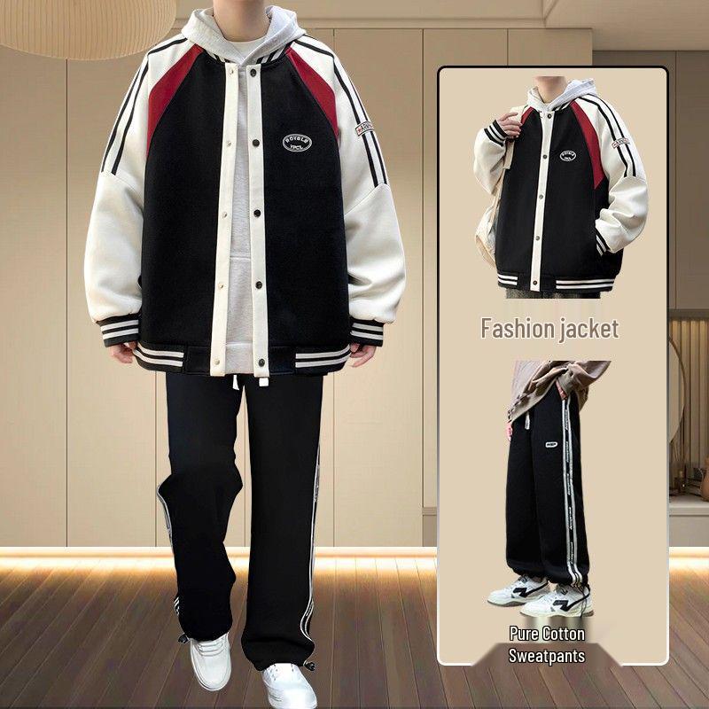 Men's Spring/Fall American Baseball Jacket: Trendy Hong Kong Style for Teens with Round Neck and Stylish Print