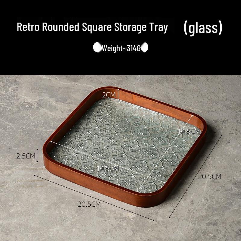 Yangge Chinese Style Walnut Wooden Tray with Begonia Embossed Glass