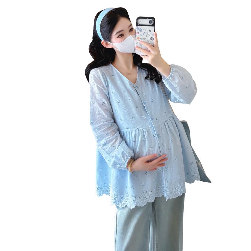2026 Spring Maternity V-Neck Embroidered Doll Shirt – French Korean Style Loose Top