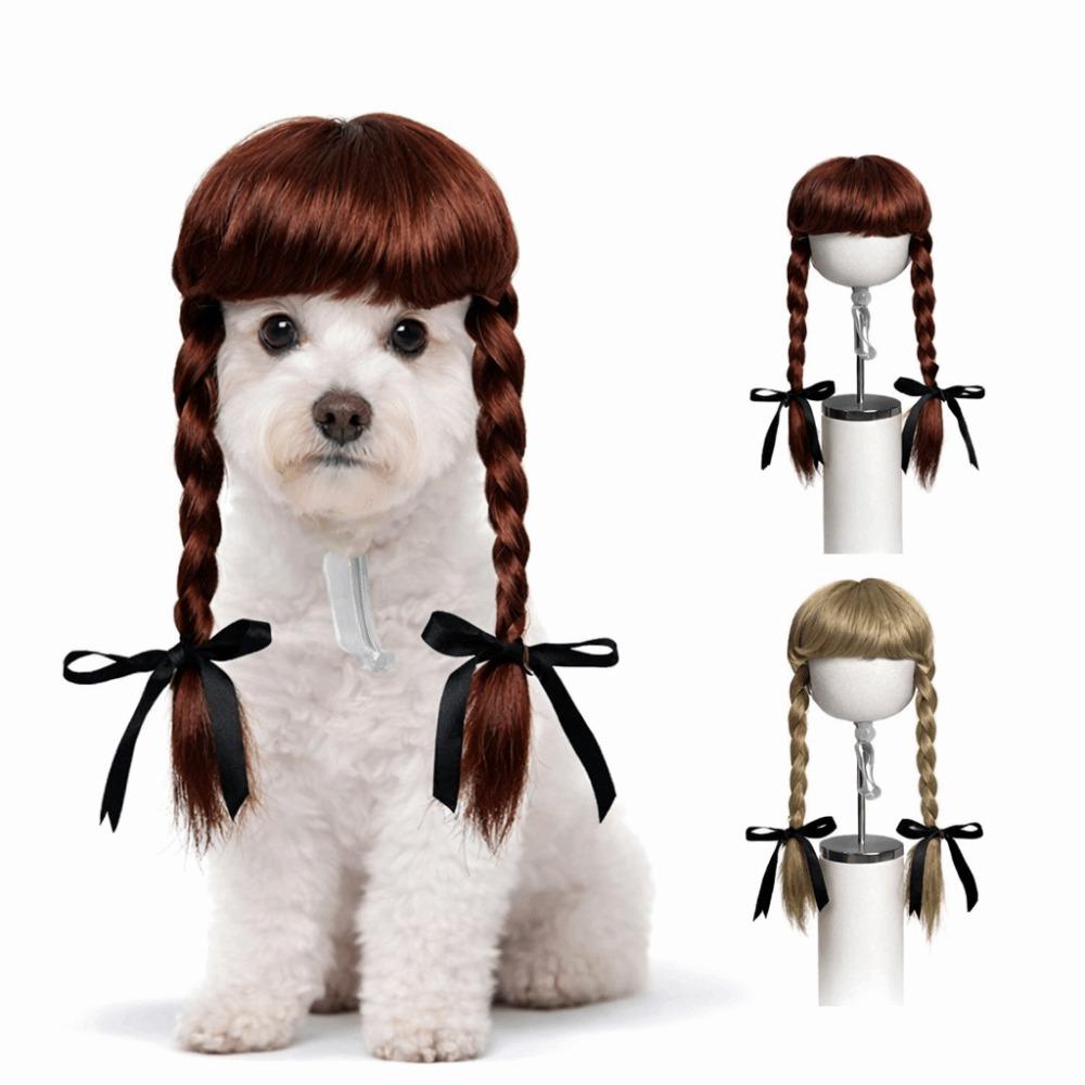 Adjustable Fit Pet Wig Braids with Bangs Reusable Cats Dogs Cosplay Pigtails Dressing Up Comfortable To Wear