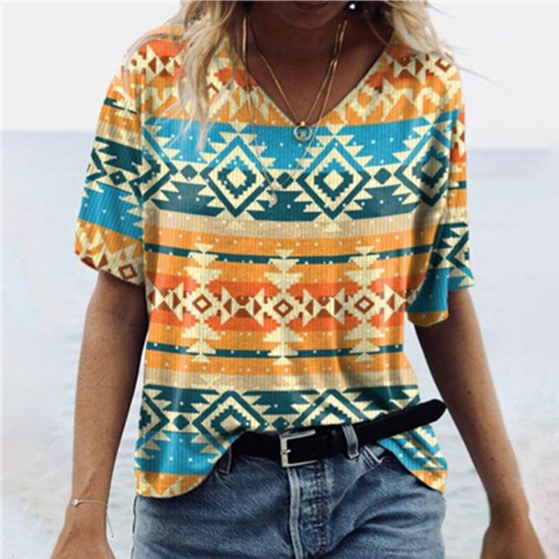 2025 Casual Sports Women's T-shirt Summer New Style Garden Collar Short Sleeve Ethnic Retro Loose Light Fabric Leisure