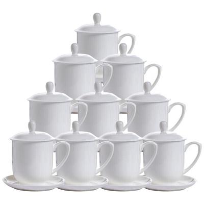 Pure White Bone China Lidded Cup & Saucer Set for Meetings (10-Pack)
