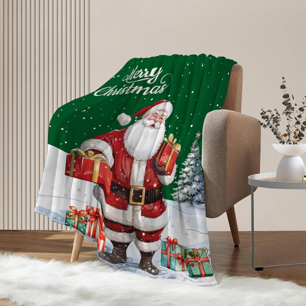 Decorative Large Throw Blanket Green Santa Claus Blanket Xmas Holiday Blanket for Couch Sofa Bed Soft Cozy Lightweight Fuzzy