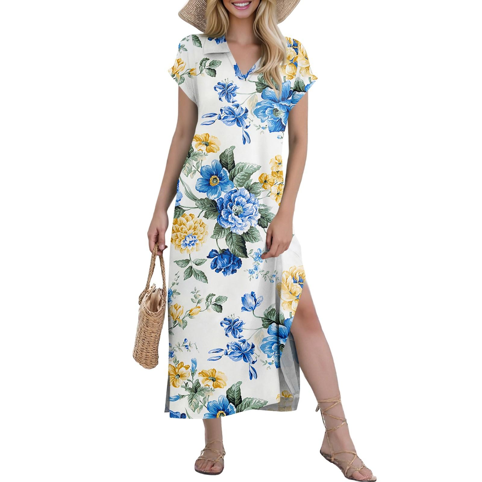 Women s Casual Comfortable V Neck Loose Hem Split Vacation Short Sleeve Floral Long Dresses S