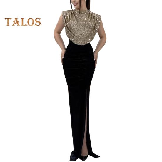 

Женское блестящее платье с круглым вырезом, без рукавов, с высокой талией, длинное платье с пайетками, вечернее платье XL шампанского