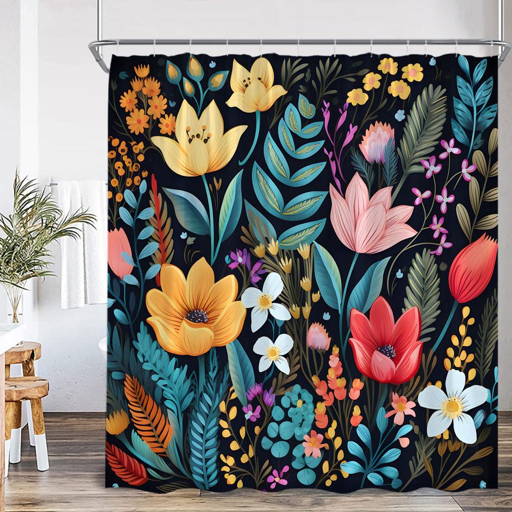 Floral Boho Shower Curtain Colored Flower Green Leaf Plant Vintage Dark Bath Curtain Polyester Fabric Bathroom Decor with Hook