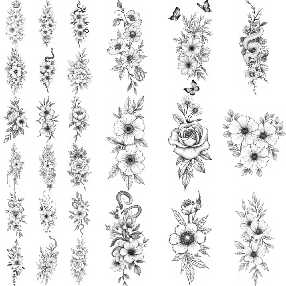 9pcs Temporary Tattoo Waterproof Long-lasting Body Stickers Floral Design Artistic Flowers Floral Illustration For Back Thighs