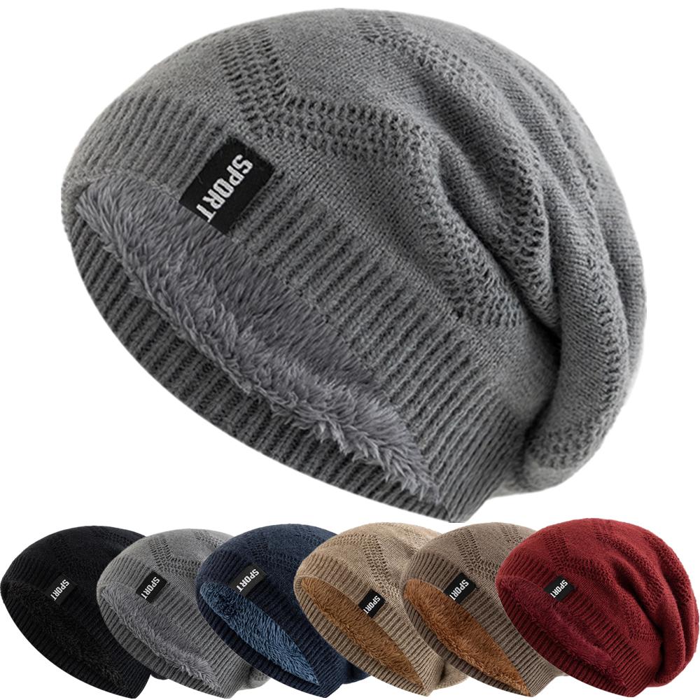 Sale Unisex Slouchy Winter Hats Plush Fur Lined Warm Beanie Cap Casual Label Decor Winter Knitted Hats