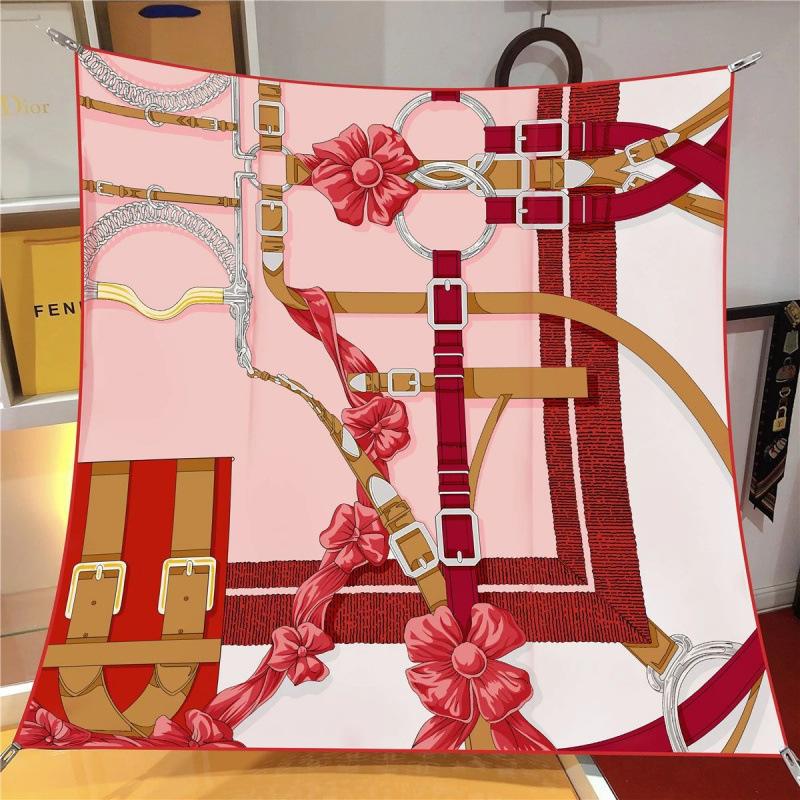 Spring New 90Cm Square Scarf Handmade Desktop Twill Silk High-End Shawl Headscarf Machine Curling Women Fashion Trend