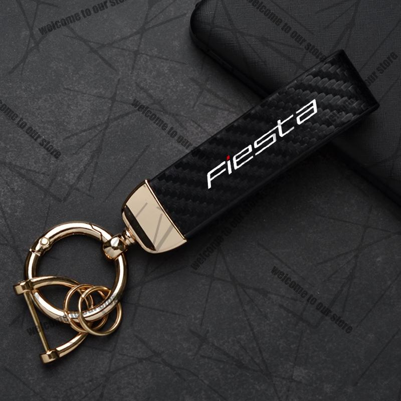 AAAMG1 Car Keychain For Ford Fiesta ST MK6 MK7 MK8 Logo Carbon Fiber Leather Zinc Alloy Emblem Key Chain Accessories