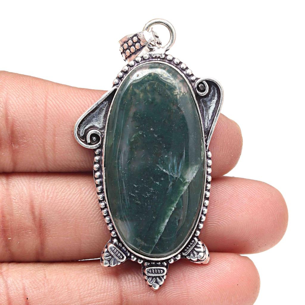 Pendant Moss Agate Gemstone Valentine'Day Gift Silver Jewelry 2.25"